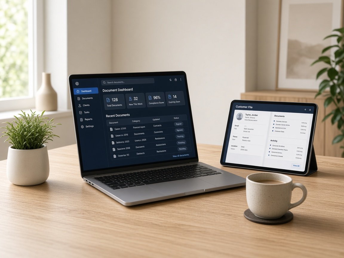 Clean desk with a document workspace open on a laptop
