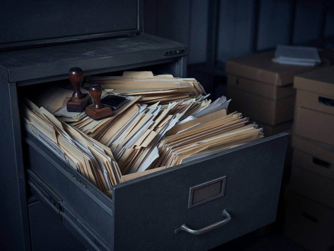Overflowing paper filing cabinet and stacked document boxes