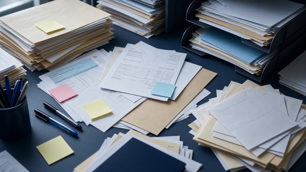 A desk buried in folders, invoices, envelopes, and loose paperwork
